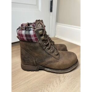CAT Women's Steel Toe Work Boots Brown Plaid Lined Lace Up Oil Resistant Size 7